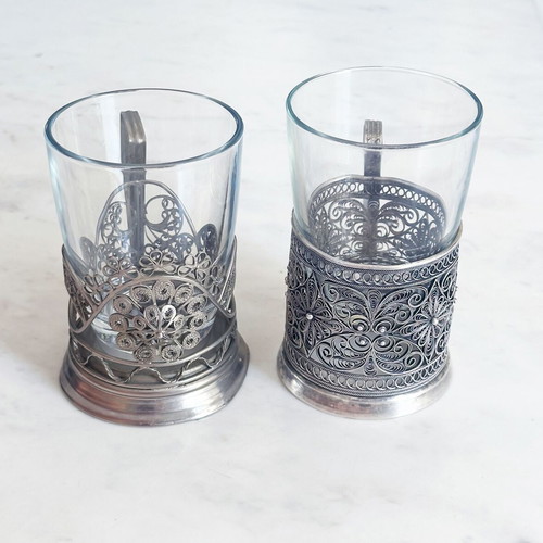Soviet Silver-Plated Filigree Tea Glass Holders Pair Used