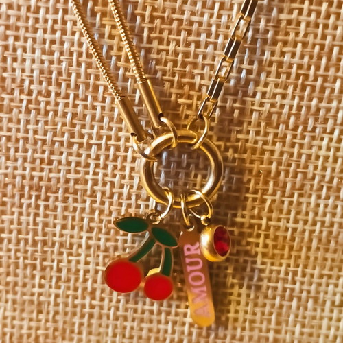 Handmade summer necklace with cherries, charm amour and red stone