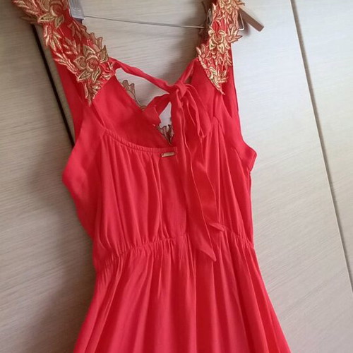 Bsb long asymmetric dress coral with gold embroidery like new, size XL