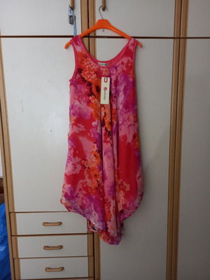 Dress new one size asymmetrical red background with multicolor patterns
