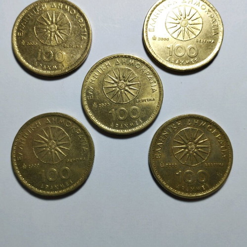 100 Drachma Coins 2000 like new, pack of 5, Alexander the Great Vergina Star
