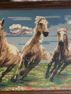 Cross-stitch horses canvas painting like new, handmade 97x47 cm