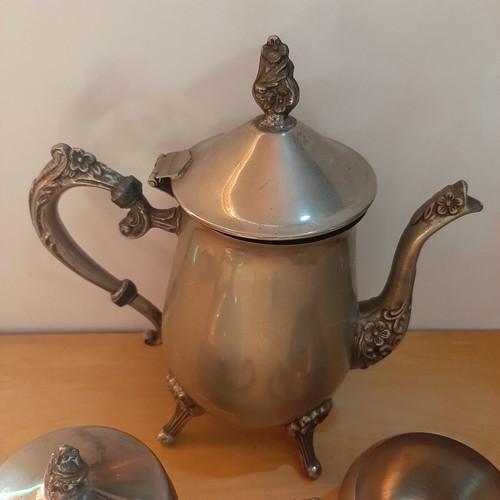 Vintage silver-plated tea set used, 3 pieces with carved details
