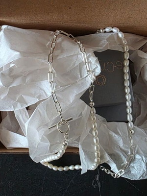925 Sterling Silver Necklace and Bracelet Set with Natural Pearls and Paperclip Chain