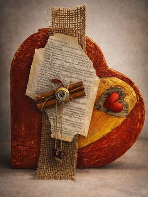 Handmade decorative heart new with paper, burlap and wood