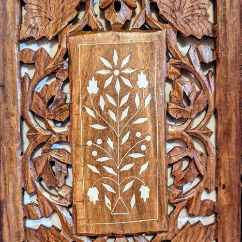 Vintage handmade wooden tray from India with carving and inlay decoration