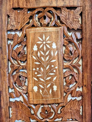 Vintage handmade wooden tray from India with carving and inlay decoration