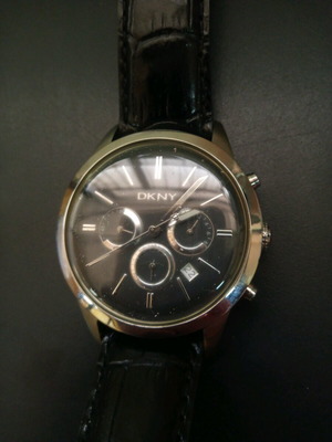 DKNY NY-1437 wristwatch used, men's, black, leather strap