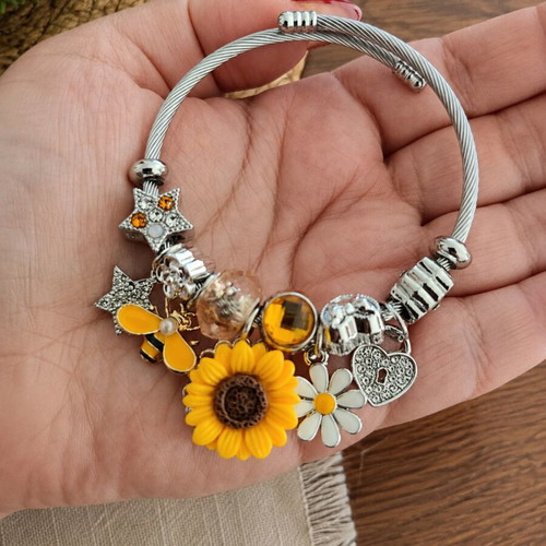 Spring Steel Bracelet with Sunflower & Bee Charms new, yellow and silver