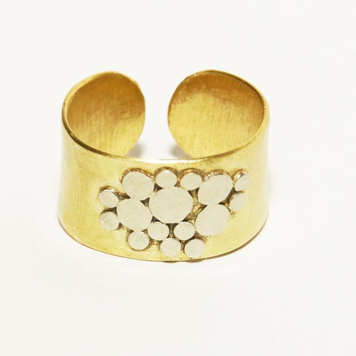Handmade hammered ring with circles of brass and alpaca new