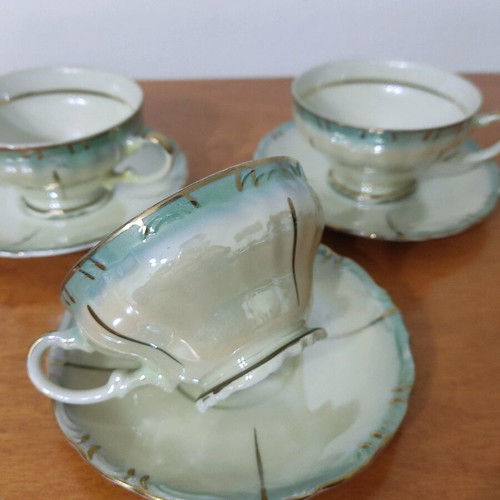 Porcelain cups like new, set of 3, with saucers, green shade