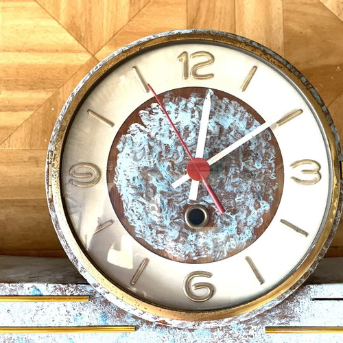 Mid-Century Modern wooden table clock with Space Age design