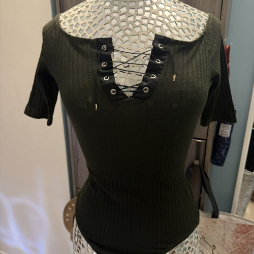 Caramela khaki bodysuit like new with neckline ties, size S