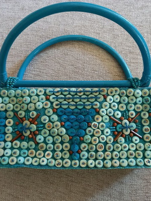 Turquoise handbag new with bead decoration and bamboo handles