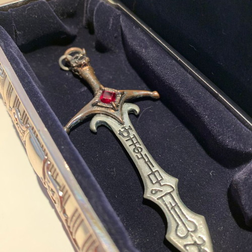Alchemy Gothic Sword Pendant used, 1993, pewter and crystals