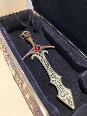 Alchemy Gothic Sword Pendant used, 1993, pewter and crystals