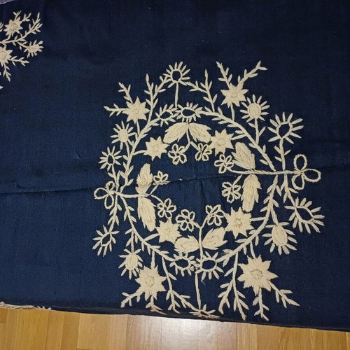 Felt tablecloth used, handmade, dark blue with ecru embroidery