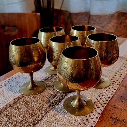 Set of 6 used vintage brass brandy glasses 1950s