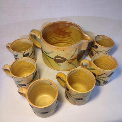 Clay decorative mugs used, set of 6+1 with olive leaf designs