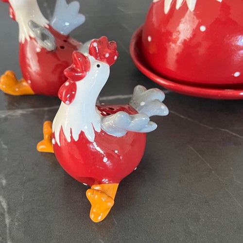 Ceramic Easter butter dish and salt pepper set new with red and white hens