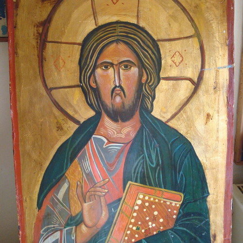 Christ painting on wooden door used 66x41 cm