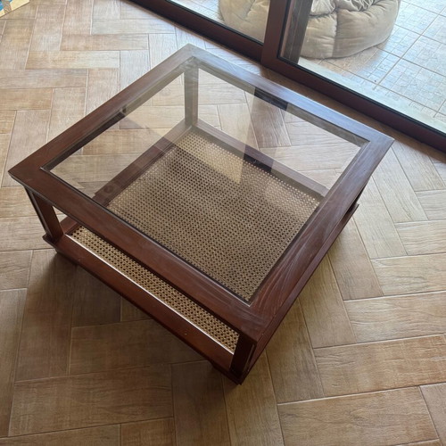 Classic coffee table rectangular 80x80x44cm like new, walnut or beech with glass