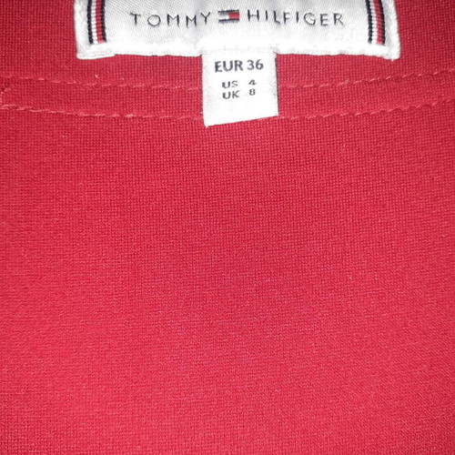 Tommy Hilfiger red dress with V neck and blue and white sleeve stripes, like new
