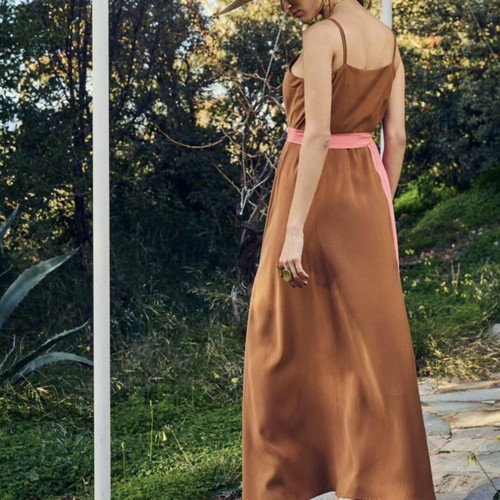 Maxi dress new with slits and belt by Aitheras Clothing, brown and pink