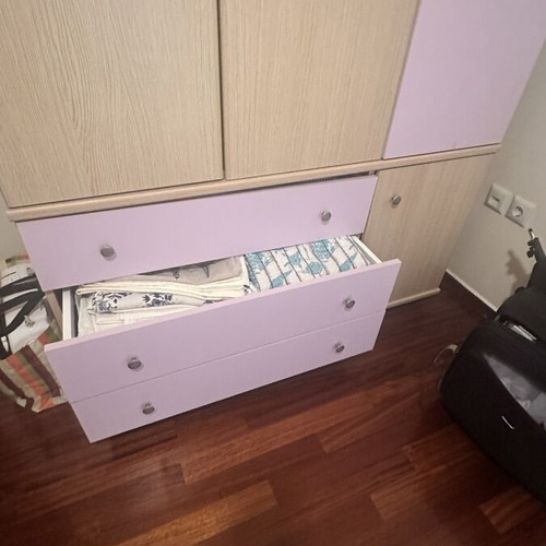 Three-Door Wardrobe with Drawers like new, Scandinavian Light Brown and Lilac