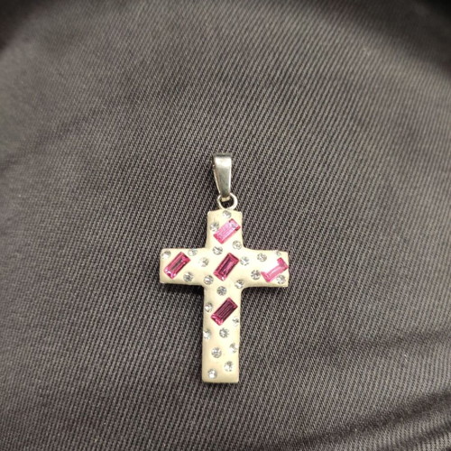 Silver cross with white and pink zircon stones new