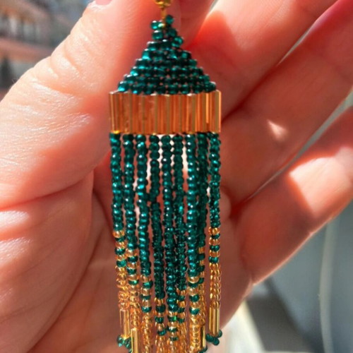 Handmade Emerald And Gold Tassel Earrings