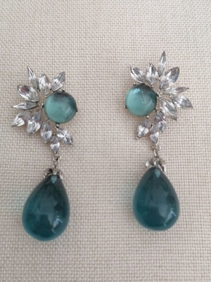 Dangling earrings with silver and petrol crystals, new