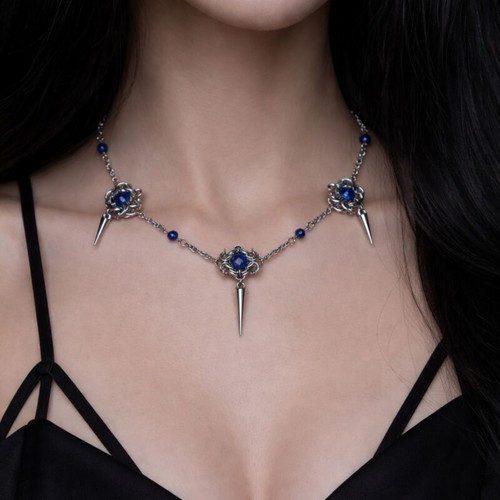 Chainmail choker with blue beads, stainless steel and glass