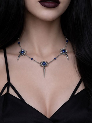 Chainmail choker with blue beads, stainless steel and glass