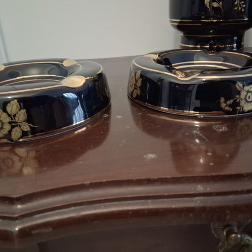 Ceramic set used, Greek made, black with 24k gold, 2 ashtrays and 2 vases