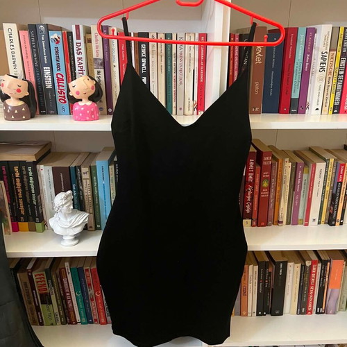 Elegant black evening dress like new, lycra, deep back design