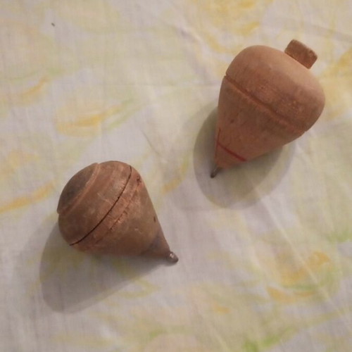 Wooden spinning tops used, set of 2 from the 80s