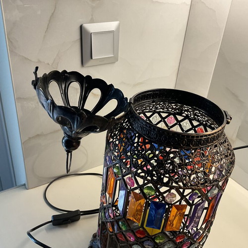 Inart handmade lantern lamp, 45 cm, metal with colorful glass