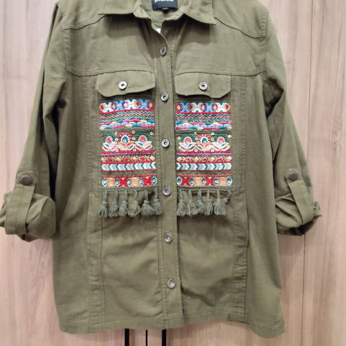 Stradivarius shacket boho embroidered, size S, khaki