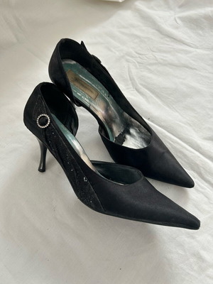 Black satin pumps with side rhinestones used, size 40