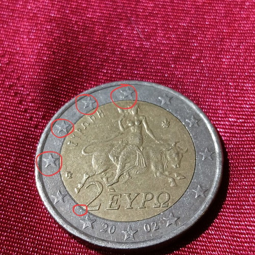 Greek 2 euro coin 2002 S used with errors