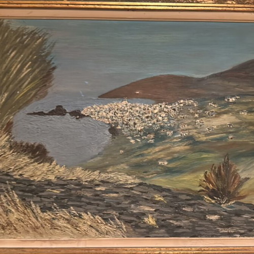 Handmade vintage painting of island landscape, used