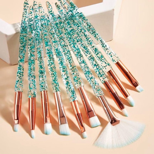 Makeup brush set new, 10 pieces with transparent glitter handles