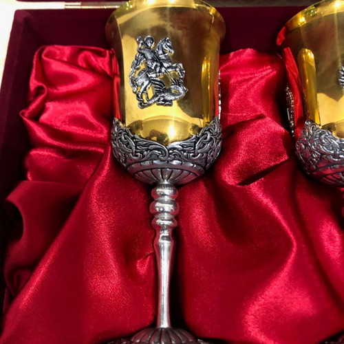 Russian handmade brass wine goblets in velvet case like new