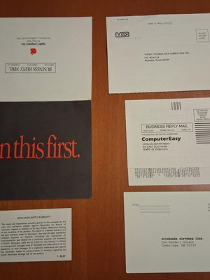 Warranty leaflets and reply mail forms for Apple II computer 1986, like new