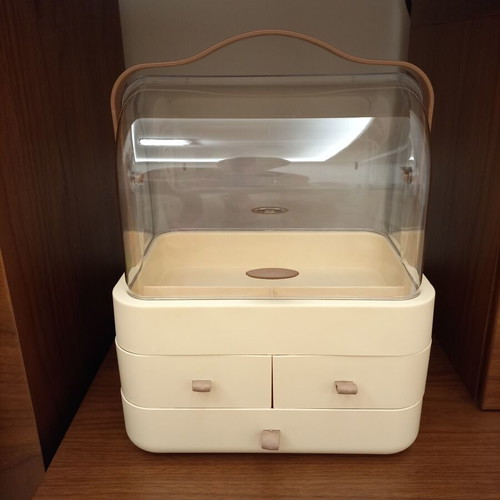 Cosmetics Organizer new with transparent cover and drawers, beige and brown