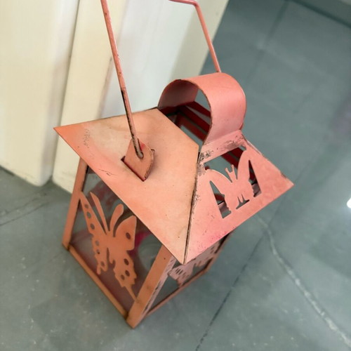 Lantern with tealight used, about 15 cm, coral color