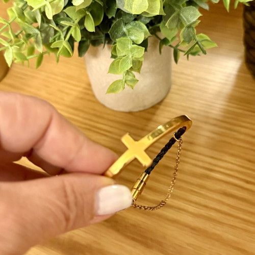 Gold Cross Bracelet with Black Woven Strap like new