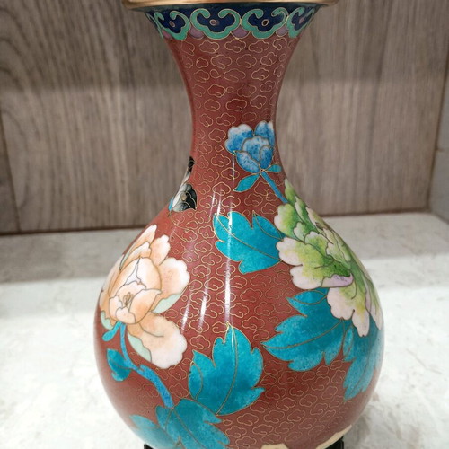 Pair of Vintage Cloisonné Vases Like New with Wooden Bases