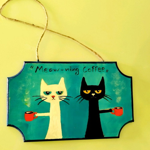 Wooden hanging frame Meow-morning painting new 13×20 cm